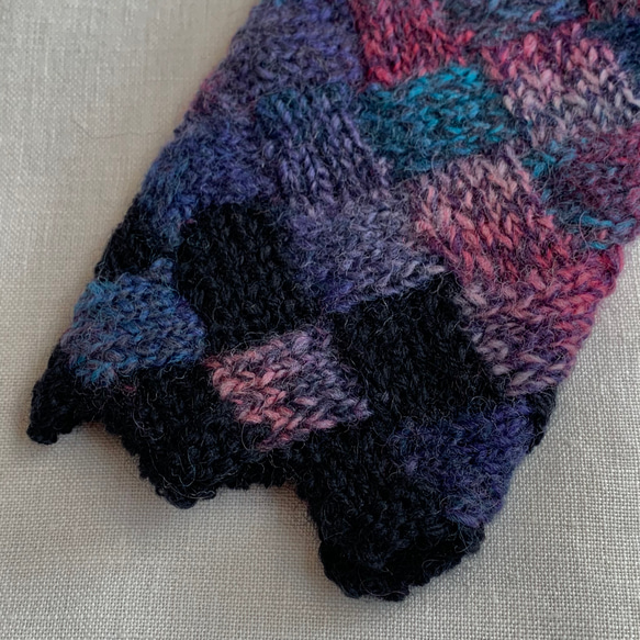 手編みニット手袋　指なし　ハンドウォーマー　アームウォーマー ターコイズMIX2 バスケット編み　女性用 7枚目の画像