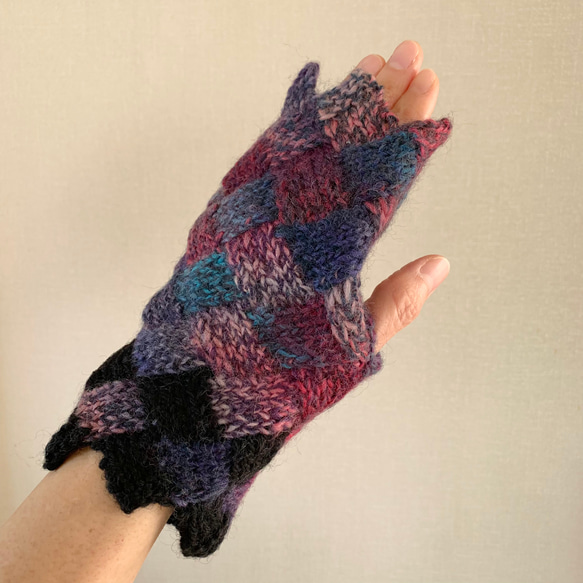 手編みニット手袋　指なし　ハンドウォーマー　アームウォーマー ターコイズMIX2 バスケット編み　女性用 2枚目の画像