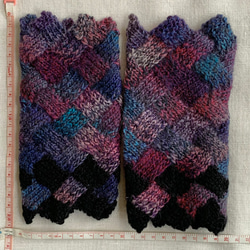手編みニット手袋　指なし　ハンドウォーマー　アームウォーマー ターコイズMIX2 バスケット編み　女性用 10枚目の画像