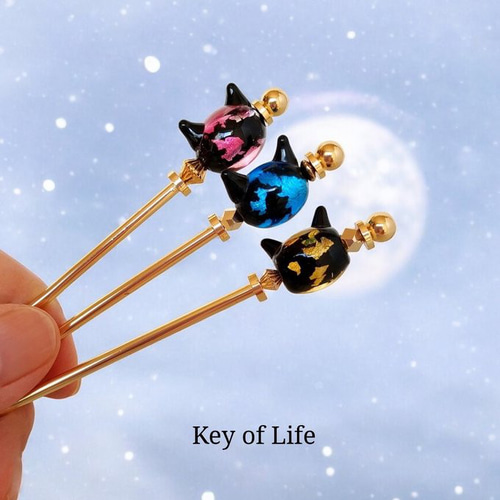 Key of Life▶︎かんざし 蛍ガラス ブルー ねこ 一本挿し 簪