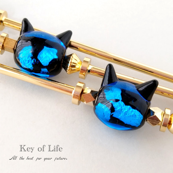 Key of Life▶︎かんざし 蛍ガラス ブルー ねこ 一本挿し 簪 ヘア