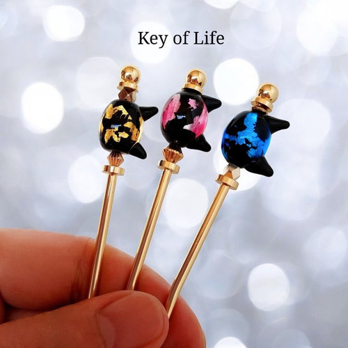 Key of Life▶︎かんざし 蛍ガラス ブルー ねこ 一本挿し 簪 ヘア