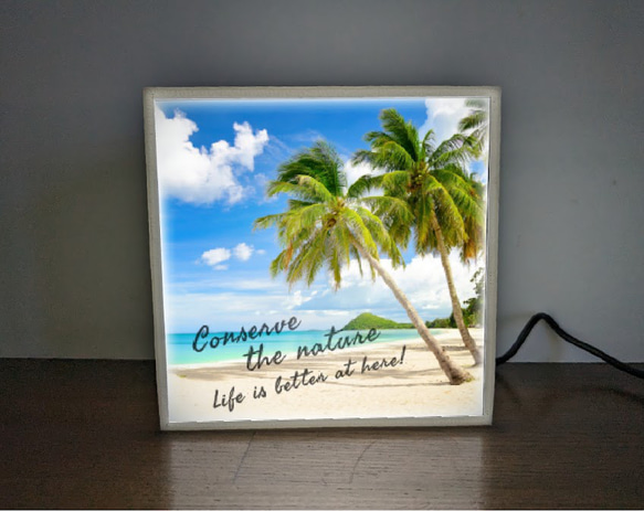 【手のひらサイズ】ハワイ 南国 ヤシの木 ビーチ 写真 ミニチュア サイン ランプ 看板 置物 雑貨 ライトBOX 1枚目の画像
