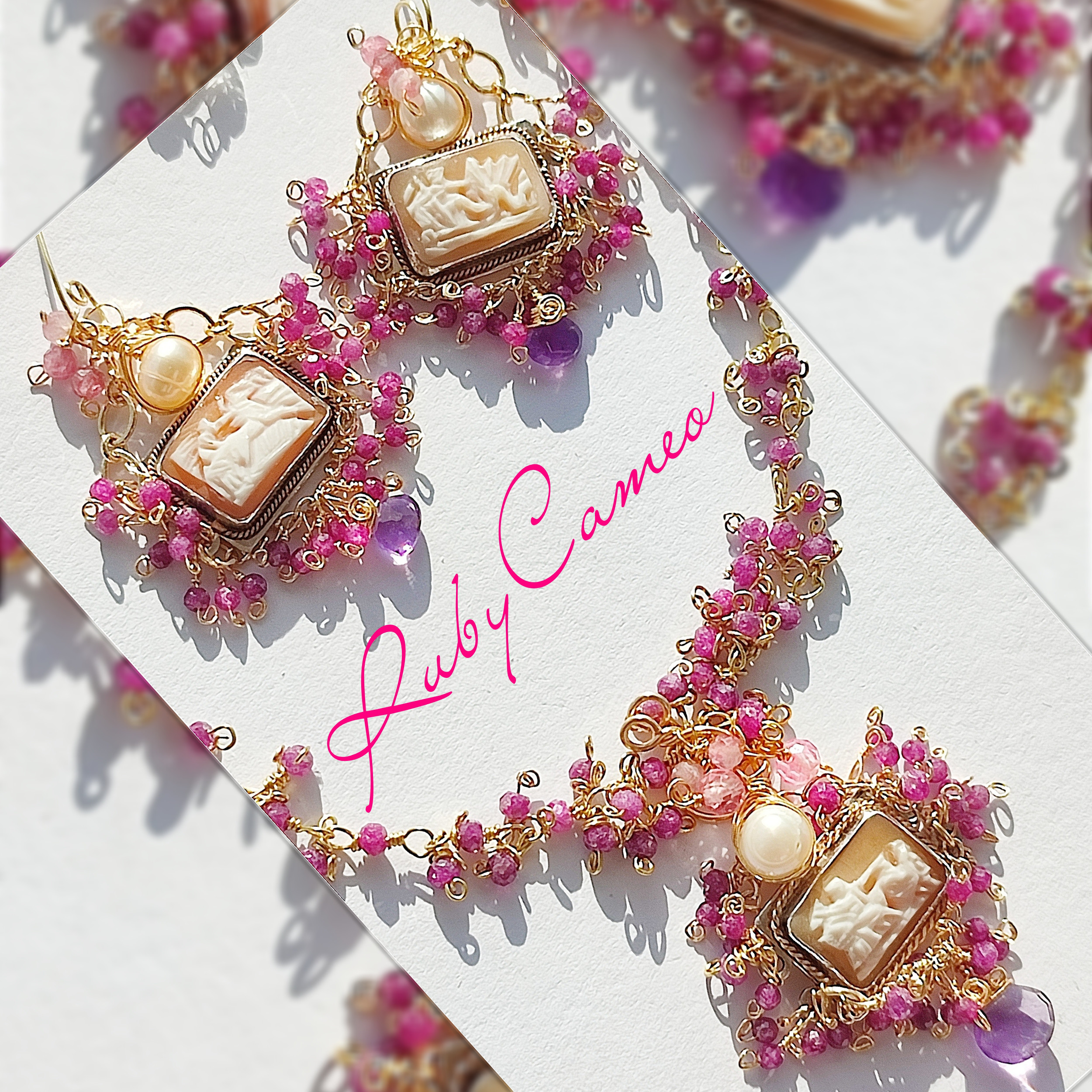 14kgf 　ルビー　イタリア製カメオ　ピンクトパーズピアス　贈り物　誕生石　お出かけ　パーティ　着物に