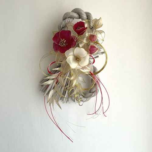 一点物】お正月飾り しめ縄飾り 八の字 椿 紅白 ディップフラワー