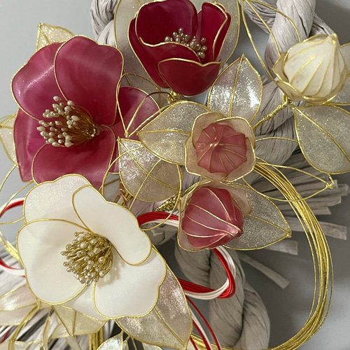 一点物】お正月飾り しめ縄飾り 八の字 椿 紅白 ディップフラワー