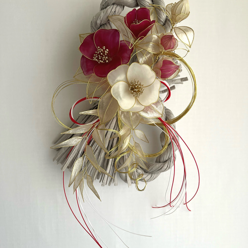 一点物】お正月飾り しめ縄飾り 八の字 椿 紅白 ディップフラワー