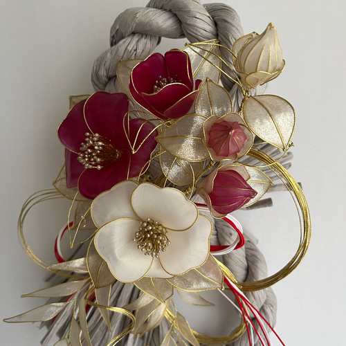 一点物】お正月飾り しめ縄飾り 八の字 椿 紅白 ディップフラワー