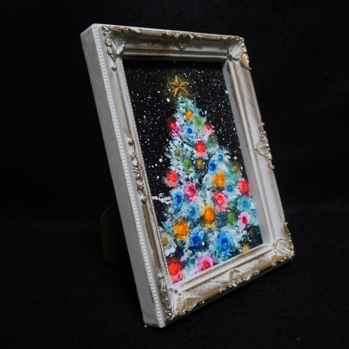 油絵 絵画 ミニ絵画 【雪のクリスマスツリー】 絵画 HR 通販