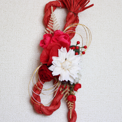 しめ縄リース　赤紫ダリア　小梅 4936496f80ae379b6315f14745c516