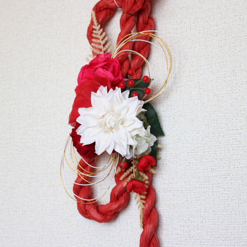 赤リボンしめ縄リース2026 お正月飾り おしゃれ 赤 レッド ダリア 造花