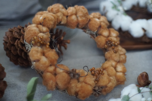 【コットンの冬リース】  モコモコ　ブラウンリース　贈り物に　毎年飾れる　シンプルでナチュラル 7枚目の画像