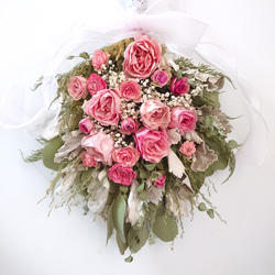 『大きめ』モーヴピンクの薔薇とミニ薔薇、ラグラスのアンティークでロマンティックなブリザーブド・ドライフラワースワッグ 2枚目の画像