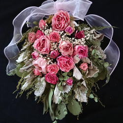 『大きめ』モーヴピンクの薔薇とミニ薔薇、ラグラスのアンティークでロマンティックなブリザーブド・ドライフラワースワッグ 6枚目の画像
