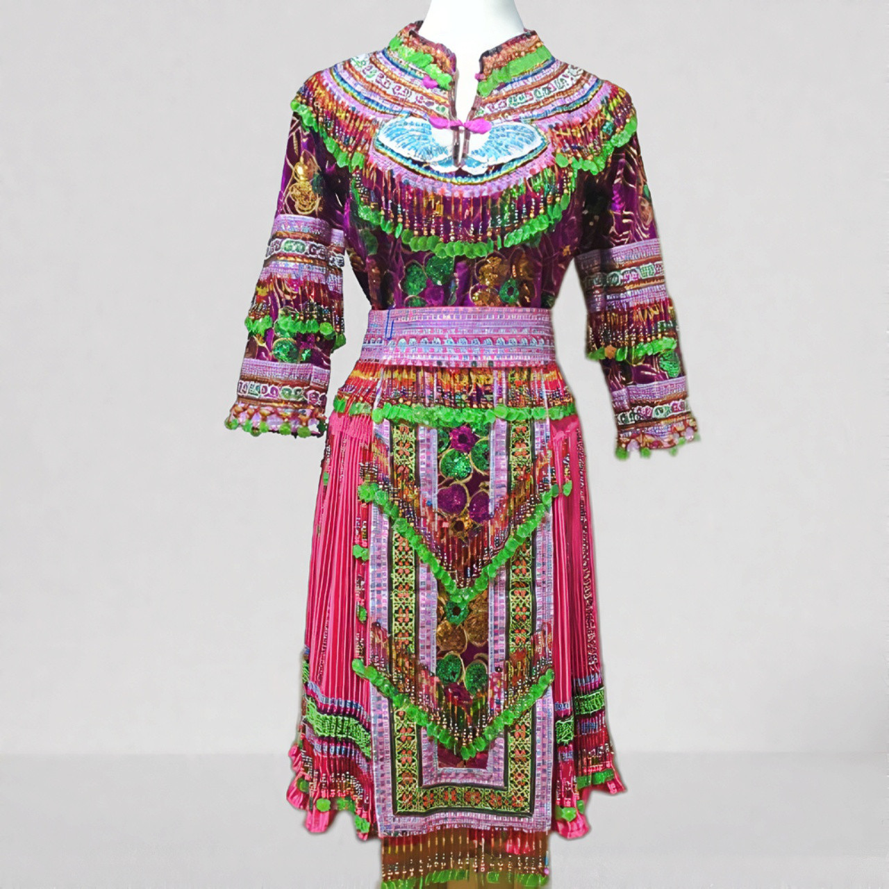 モン族民族衣装 ブラウス・ラップスカート・前掛け・腰帯 ４点セット ピンク・グリーン系