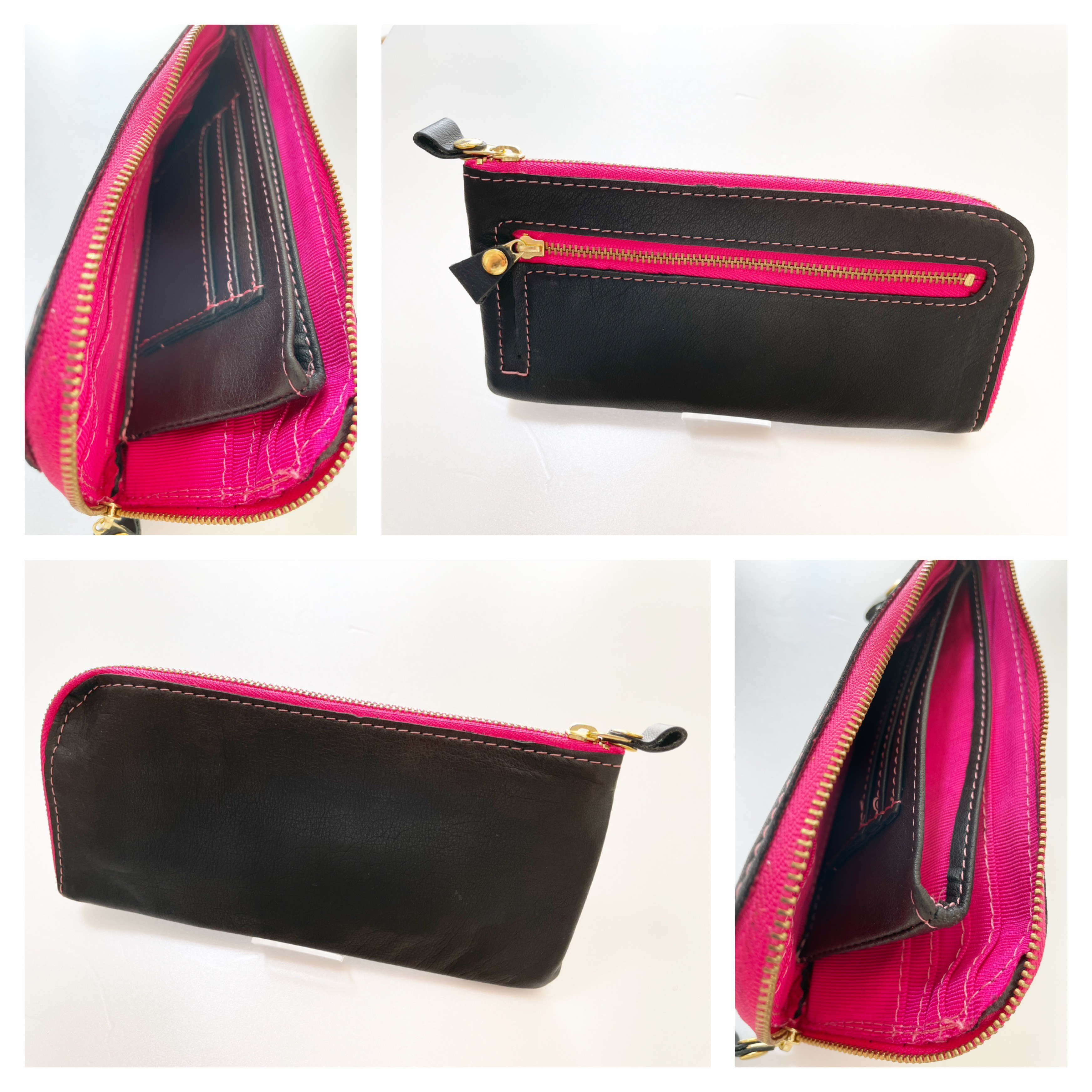 新品　本革長財布　ブラック(内生地　パッションピンク)