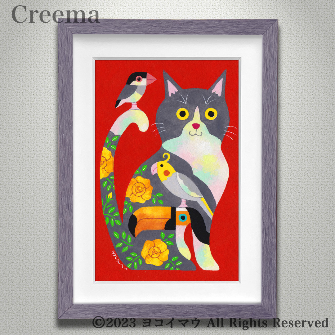 猫ちゃんとインコちゃんアクリル画