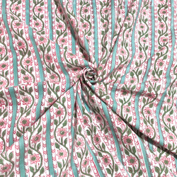 【50cm単位】グリーンホワイトピンクストライプ　インド　ハンドブロックプリント生地  コットン 1枚目の画像