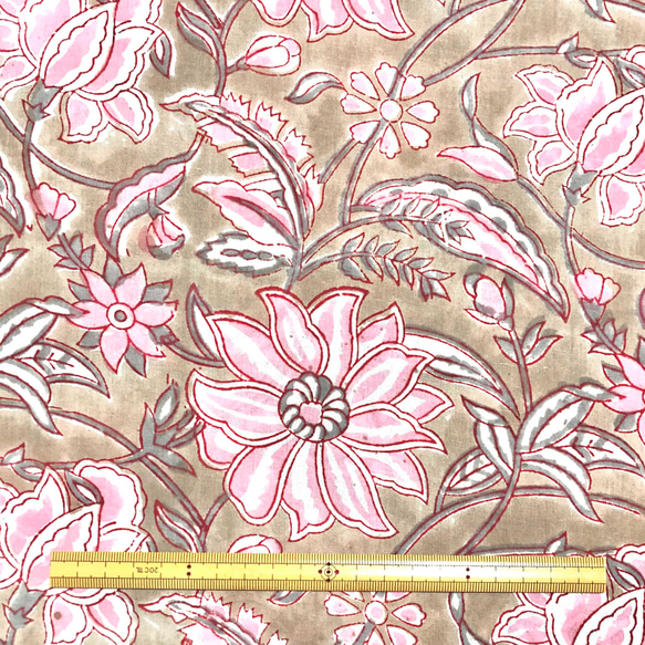 【50cm單位】米色棕色粉紅色花朵印度手工塊印花布料棉質 第6張的照片