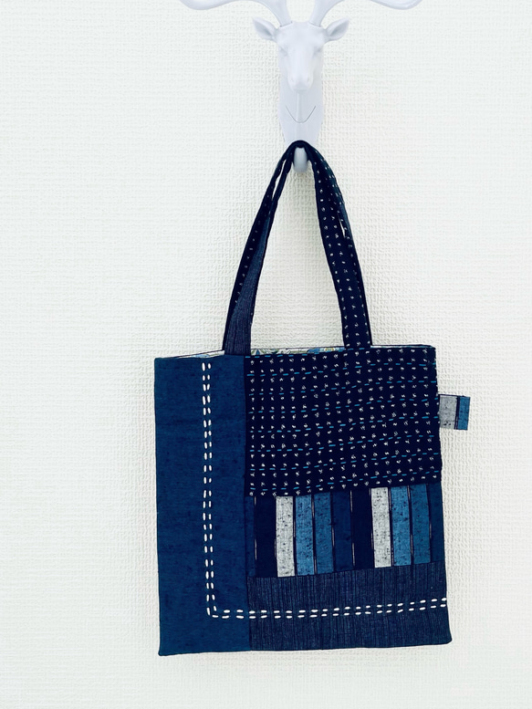 久留米紬と刺し子のぺったんこバッグ」 トートバッグ わたしの時間  