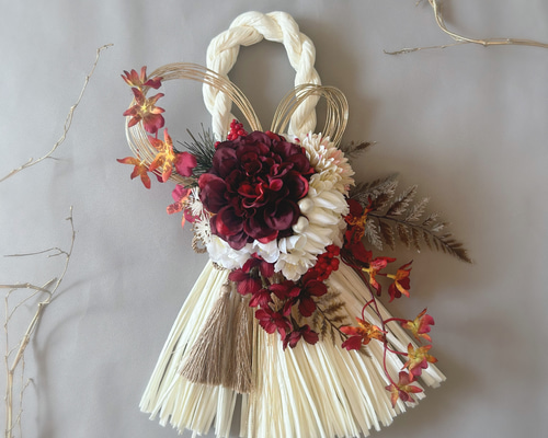 赤いダリア・菊・梅のしめ飾り/お正月飾り/しめ縄/おしゃれしめ縄
