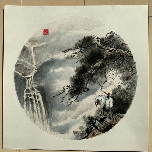 掛け軸 山水画 鶴 朝日 縁起物 松 美術品・アンティーク