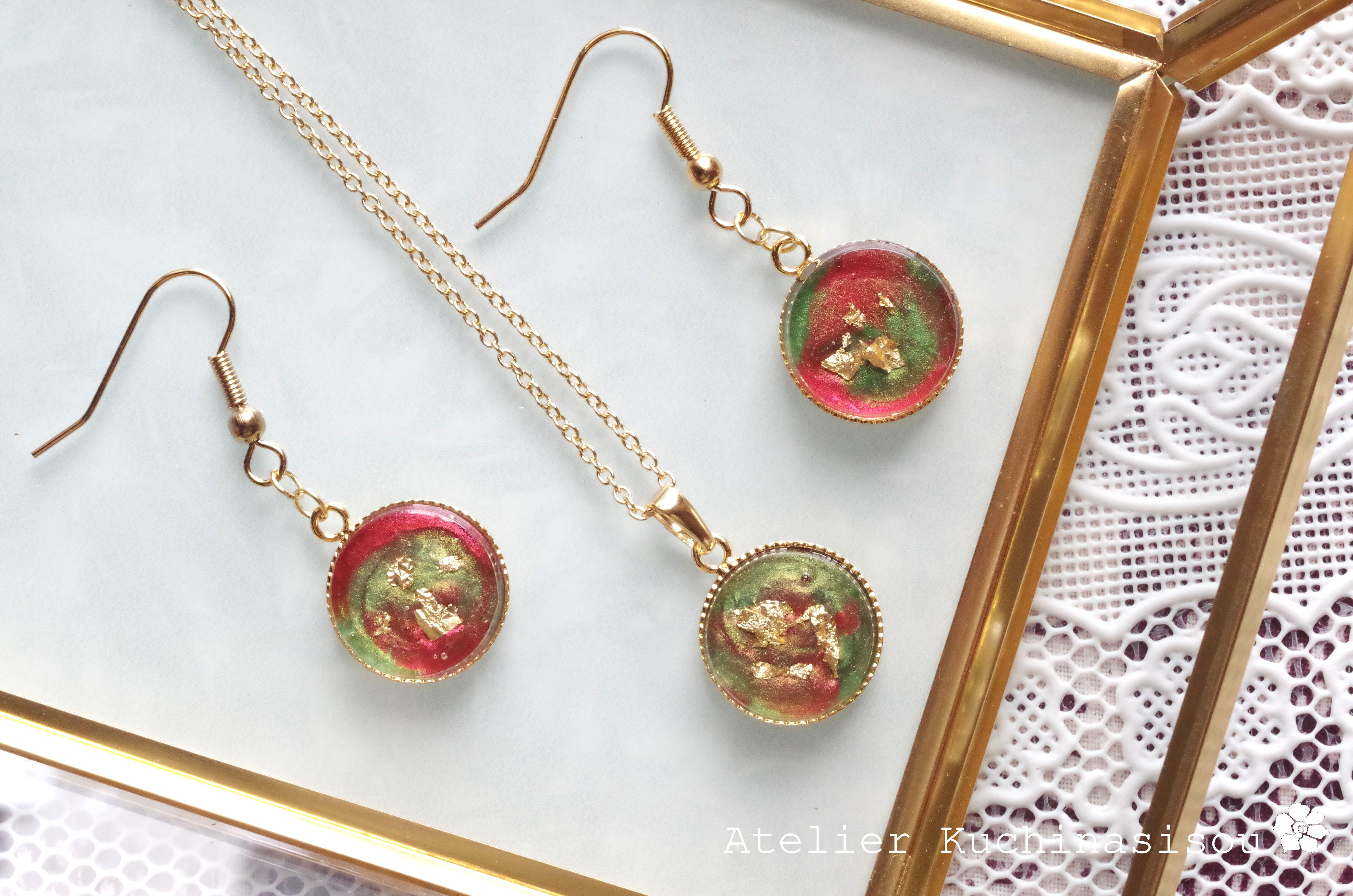 【新春福袋2024】【Creema限定】レジンアート　ラウンドピアス/イヤリングとペンダント〈聖夜〉