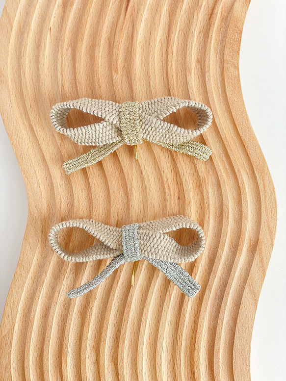 大人のリボン　リネンの手織りポニーフック　ラメ 6枚目の画像