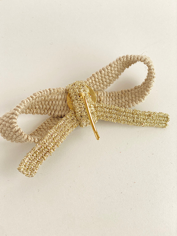 大人のリボン　リネンの手織りポニーフック　ラメ 10枚目の画像