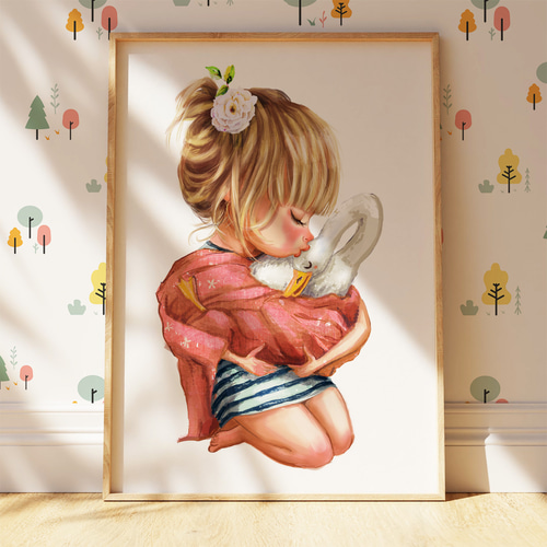 絵画 。壁掛け絵原画【部屋の中で花瓶を片付ける少女と楽しく