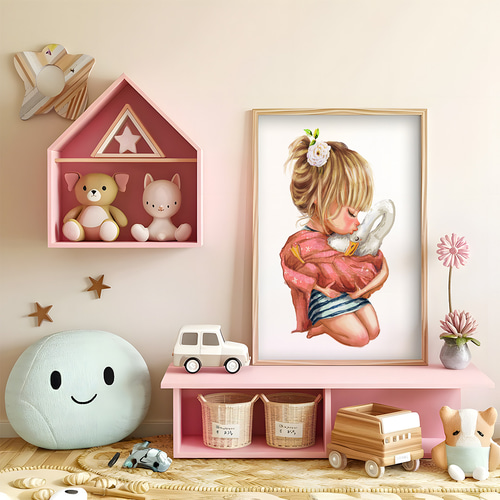 子供向けアートポスター 愛情表現 スワン 女の子イラスト 花飾り