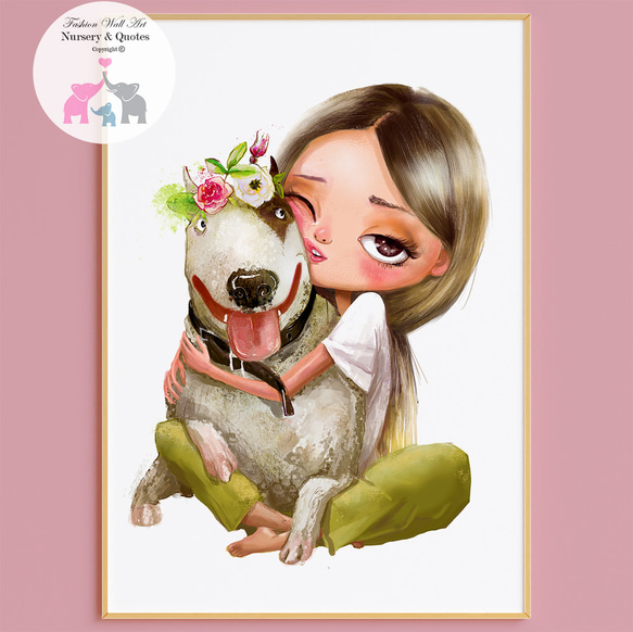 アートポスター キッズポスター 女の子 犬 花冠 動物イラスト 水彩