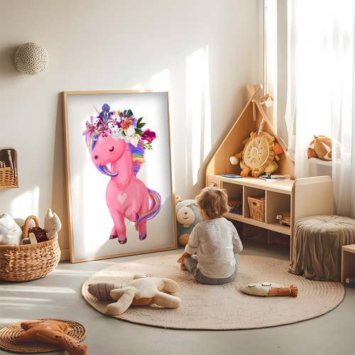 アートポスター 子供部屋 ゆめかわピンクポニー 虹色カラーとフラワー