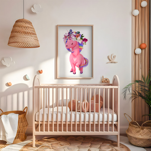 アートポスター 子供部屋 ゆめかわピンクポニー 虹色カラーとフラワー