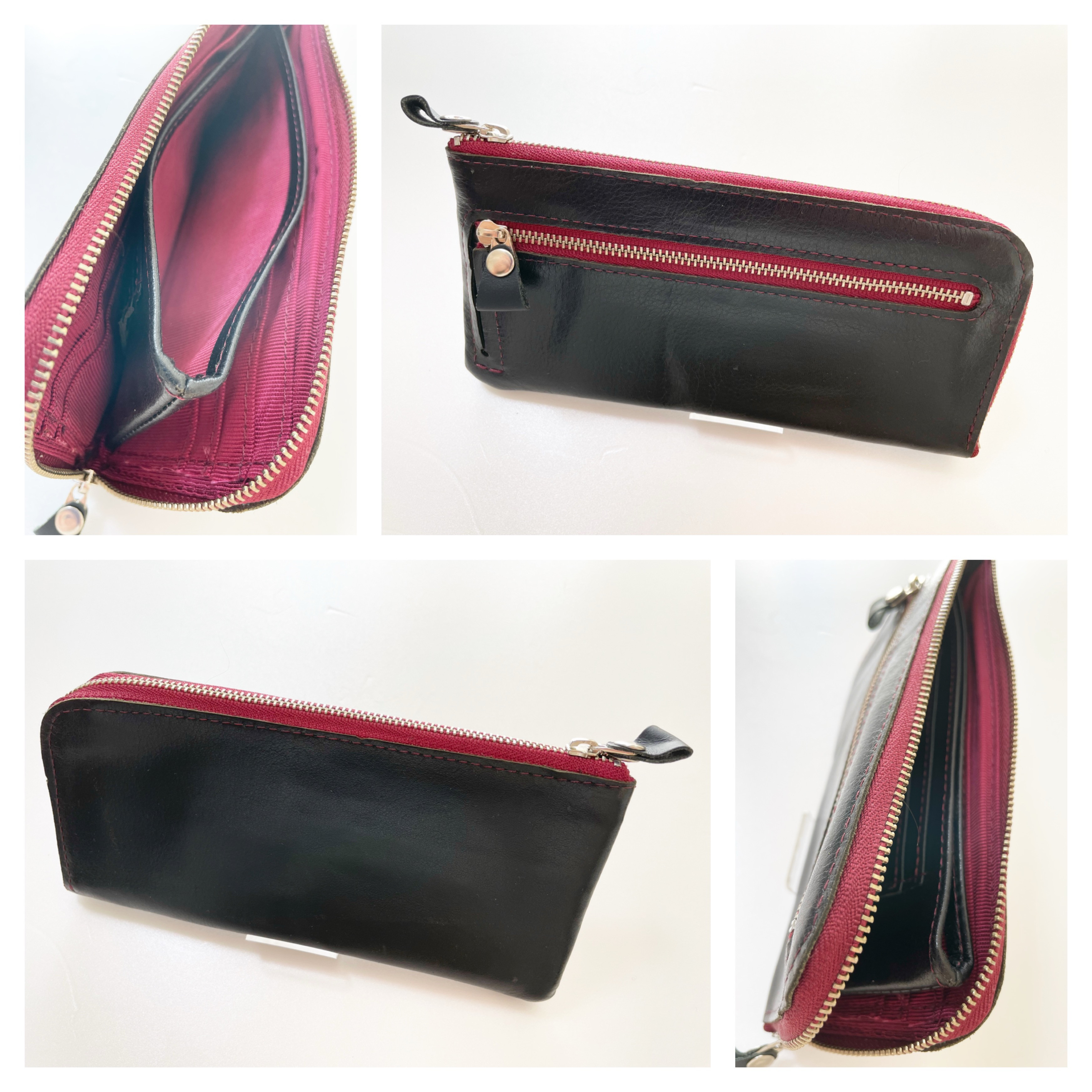 新品　本革長財布　ブラック(内生地　ワインレッド )