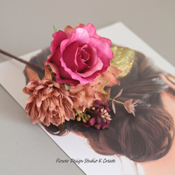ローズピンクの薔薇とオレンジマムのブーケ風フローレス　フラメンコ　ダンス　髪飾り　発表会　ローズピンク　バラ　ブーケ　花 5枚目の画像