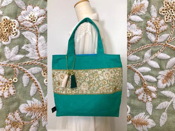 フレンチリネン100 インド刺繍リボン トートバッグ② 30×25×6 クリーム 