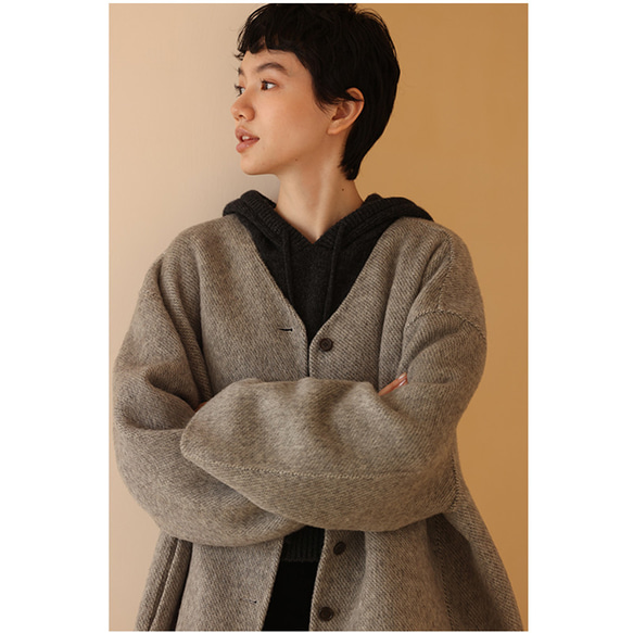 ウール混紡ジャケット　Ｖネックウールコート　ウールツイード生地コート　グレー　S-L#409　　 11枚目の画像