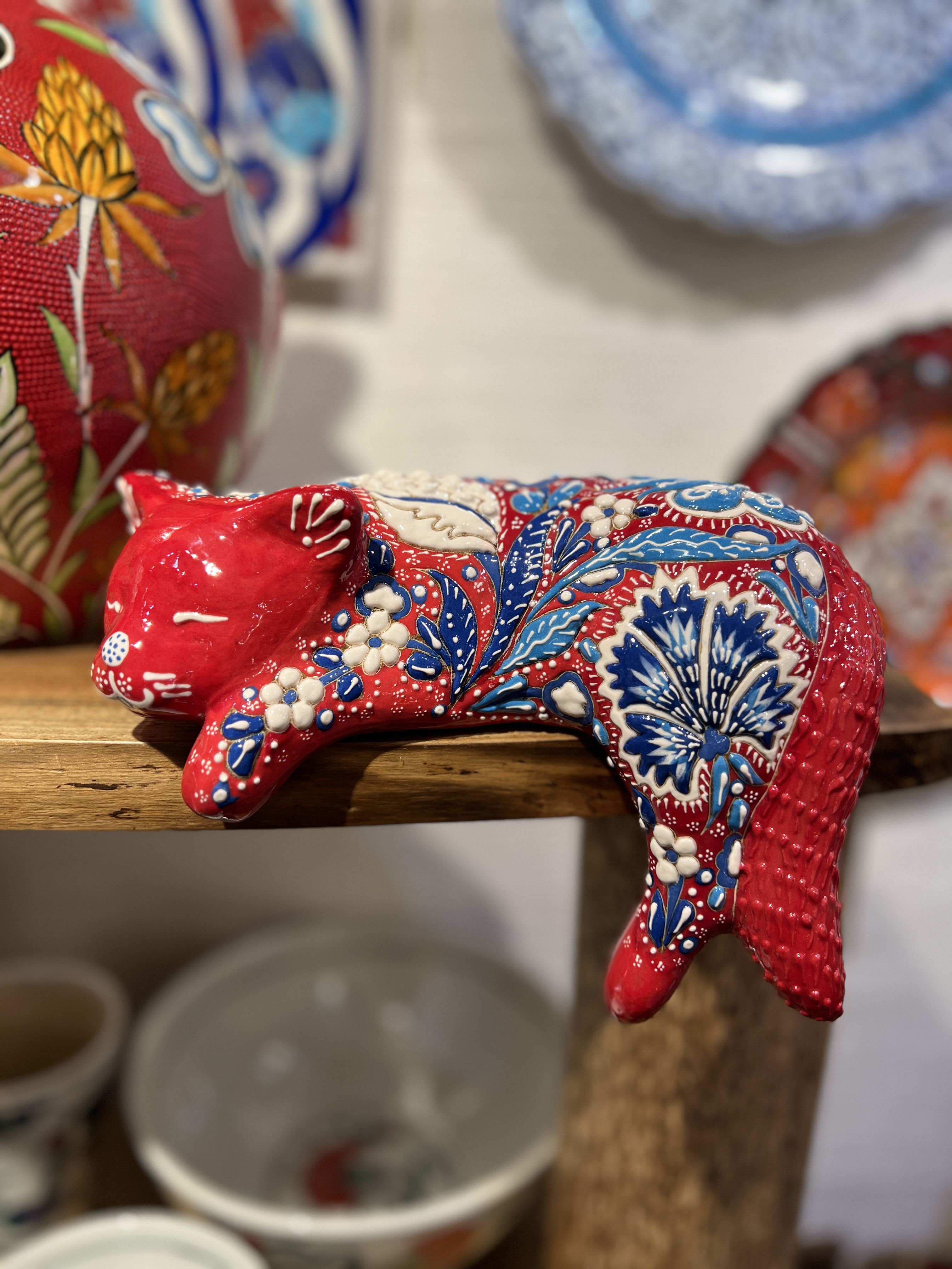 トルコハンドメイドセラミック花柄 猫型オーナメント トルコハンドメイドセラミック花柄 猫型オーナメント