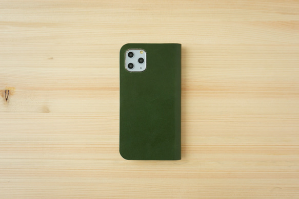 牛革 iPhone15 / 15 Pro カバー  ヌメ革  レザーケース  手帳型  グリーンカラー 4枚目の画像