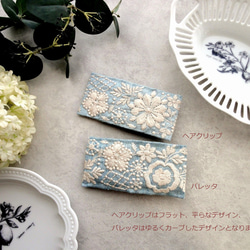 刺繡リボンのクリップ/バレッタ ■ フィンランドの花畑 ■ F　ライトグリーン×クリーム色刺繍 7枚目の画像