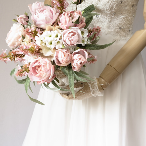 ウエディングブーケ(優しいふんわりピンク)ブートニアこみ世界で1つ
