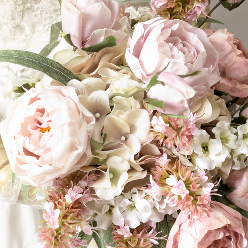 ウエディングブーケ(優しいふんわりピンク)ブートニアこみ世界で1つ