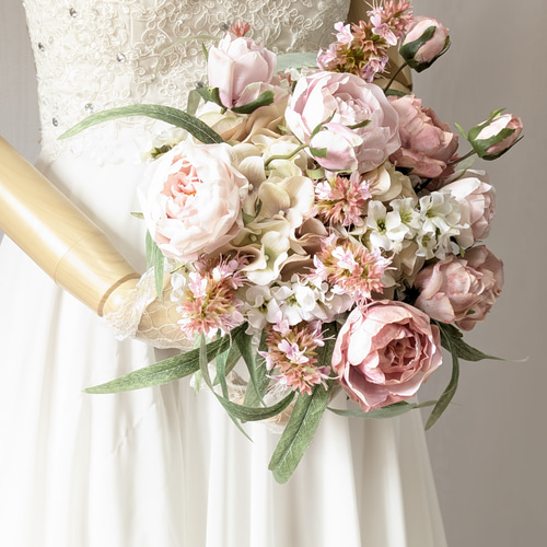 ウエディングブーケ(優しいふんわりピンク)ブートニアこみ世界で1つ