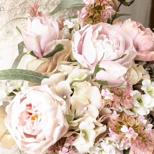 ウエディングブーケ(ふんわりピンク)ブートニアこみ世界で1つ貴女だけ