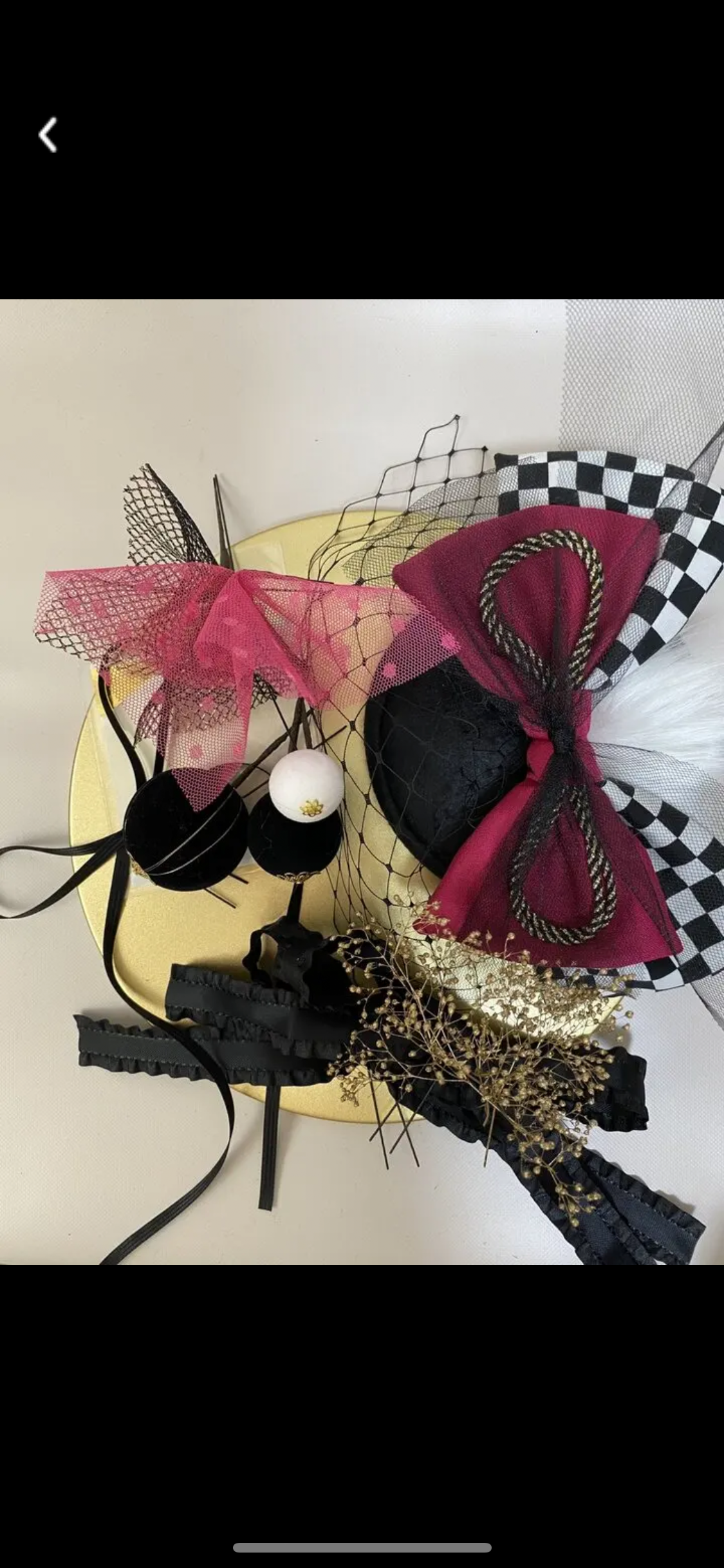 [市松模様大・パーツ金ver]髪飾り　毬　かすみ草　チュール　ハット付ヘッドドレス（アクセサリー）