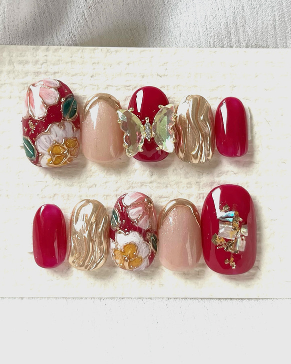 振袖ネイルチップW様 93赤フラワーネイルチップ成人式/振袖/和装/着物結婚式前撮り和