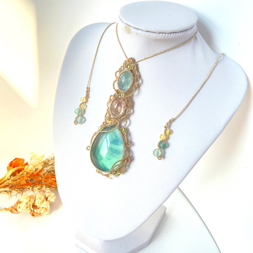 特大39mm)2種類のグリーンフローライト×アメトリンのマクラメ