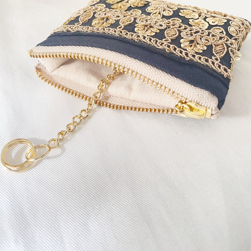 user_ffb2b6f0　キーケースコインケース　インド刺繍リボン×合皮 楽天市場】リング付ポーチ 【 インド刺繍 02 × シュリンクレザー