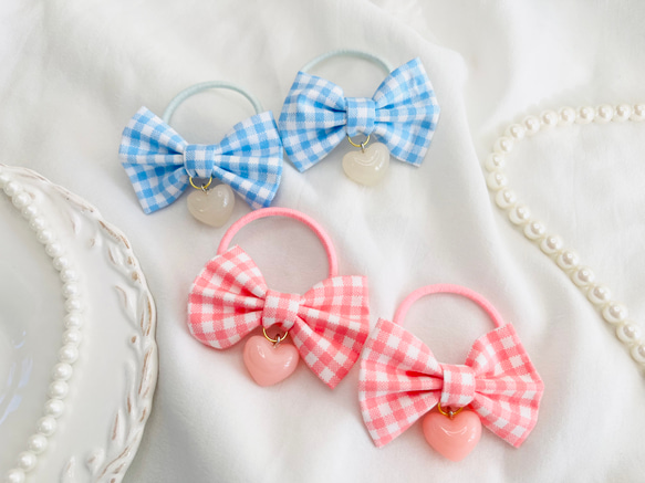 チェク柄 ゆらゆら揺れるハートのリボンヘアゴム キッズ】 子供 ヘア